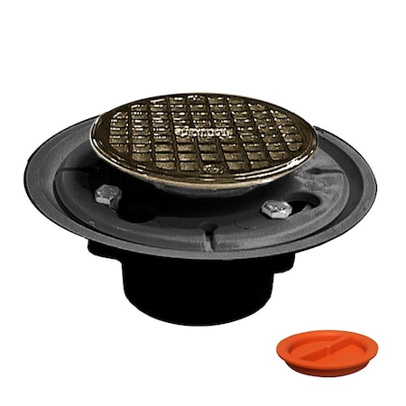 Jones Stephens 2inX3in PVC Shower Drain with 2in Brass Spud and 4in Round Polished Brass Strainer with Test Plug D50102TP